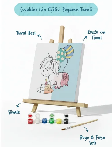 Doğum Günü Unicorn Boyama Tuvali – Şövaleli Boya Seti 20x20