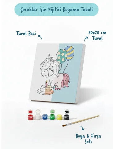 Doğum Günü Unicorn Boyama Tuvali – Şövalesiz Boya Seti 20x20