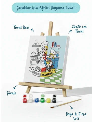 Dünyanın En Tatlı Annesine Temalı Eğitici Boyama Tuvali Şövaleli Boya Seti 20x20 cm