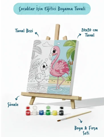 Flamingo Temalı Çocuk Boyama Tuvali – Şövaleli Eğitici Boyama Seti 20x20 cm
