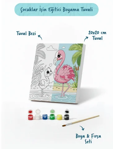 Flamingo Temalı Çocuk Boyama Tuvali – Şövalesiz Eğitici Boyama Seti 20x20 cm