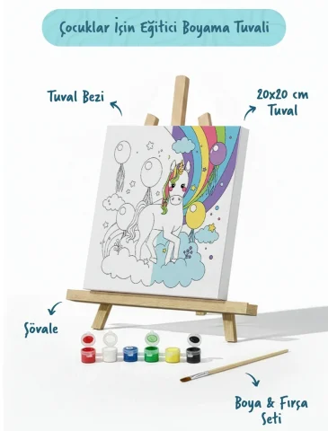 Gökkuşağı Unicorn Çocuk Boyama Tuvali – Şövaleli Eğitici Boyama Seti 20x20 cm