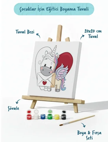 Kalpli Unicorn Boyama Tuvali – Şövaleli Boya Seti 20x20