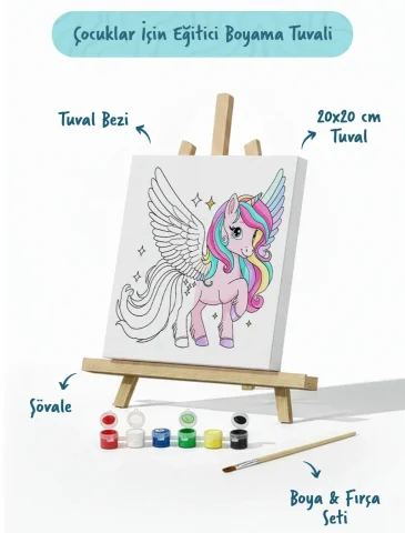 Kanatlı Unicorn Temalı Çocuk Boyama Tuvali – Şövaleli Eğitici Boyama Seti 20x20 cm