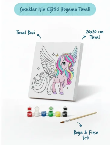 Kanatlı Unicorn Temalı Çocuk Boyama Tuvali – Şövalesiz Eğitici Boyama Seti 20x20 cm