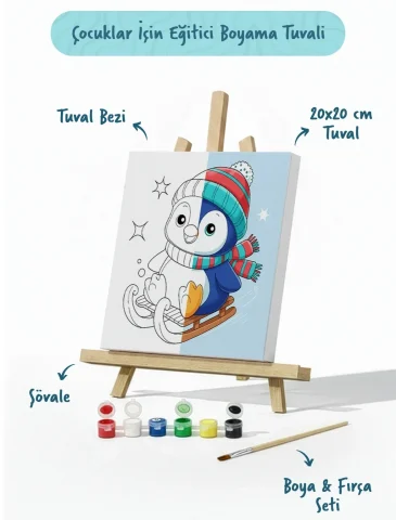 Kızaklı Penguen Temalı Çocuk Boyama Tuvali – Şövaleli Eğitici Boyama Seti 20x20 cm