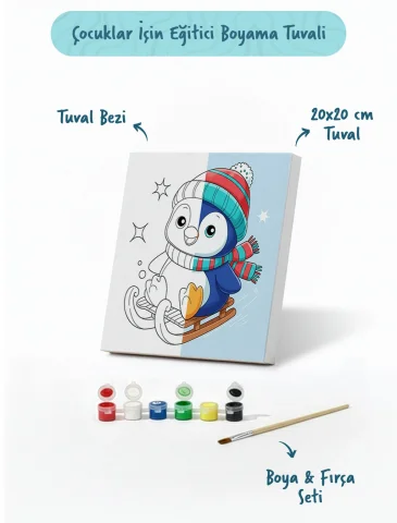 Kızaklı Penguen Temalı Çocuk Boyama Tuvali – Şövalesiz Eğitici Boyama Seti 20x20 cm