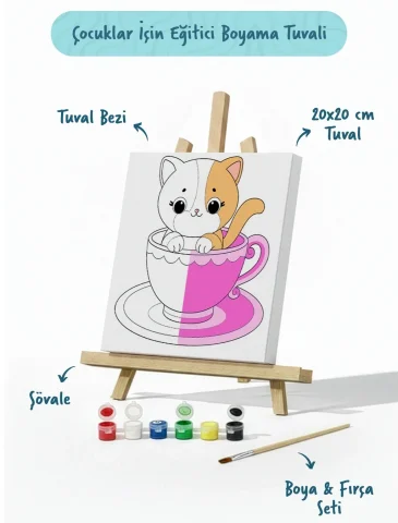 Kupa İçinde Sevimli Kedi Çocuk Boyama Tuvali – Şövaleli Boyama Seti 20x20 cm