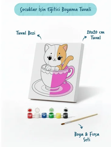 Kupa İçinde Sevimli Kedi Çocuk Boyama Tuvali – Şövalesiz Boyama Seti 20x20 cm
