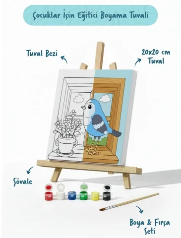Pencere ve Kuş Temalı Çocuk Boyama Tuvali – Şövaleli Eğitici Boyama Seti 20x20 cm