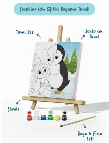 Penguen Temalı Çocuk Boyama Tuvali – Şövaleli Eğitici Boyama Seti 20x20 cm