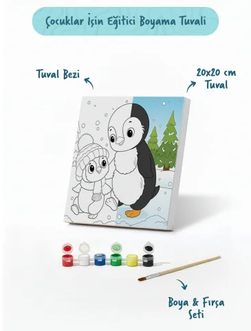Penguen Temalı Çocuk Boyama Tuvali – Şövalesiz Eğitici Boyama Seti 20x20 cm