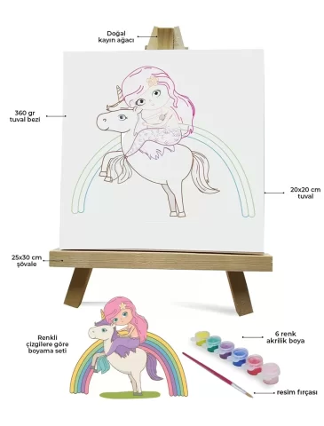 Renklerle Çocuk Boyama Hobi Setleri 20 x 20 cm Tuvale Şasesine Gerili Deniz Kızı ve Unicorn