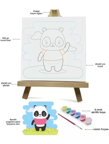 Renklerle Çocuk Boyama Hobi Setleri 20 x 20 cm Tuvale Şasesine Gerili Panda