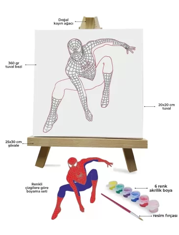 Renklerle Çocuk Boyama Hobi Setleri 20 x 20 cm Tuvale Şasesine Gerili Spiderman