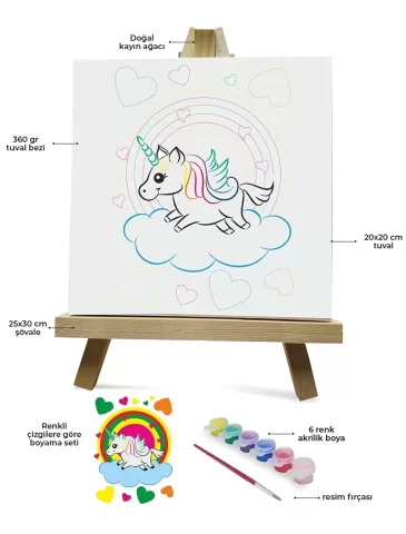 Renklerle Çocuk Boyama Hobi Setleri 20 x 20 cm Tuvale Şasesine Gerili Unicorn