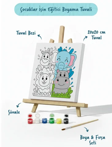 Safari Hayvanları Çocuk Boyama Tuvali – Şövaleli Eğitici Boyama Seti 20x20 cm