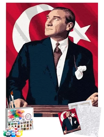 Sayılarla Boyama Seti 40 x 50 cm Tuval Şasesine Gerili Atatürk ve Bayrak