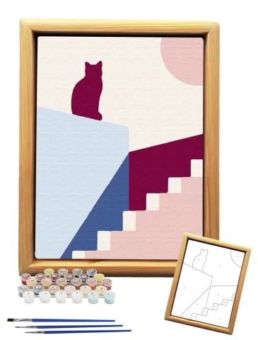 Sayılarla Minimalist Ahşap Çerçeveli Tablo Setleri 21 x 27 cm Tuval Şasesine Gerili Kedi