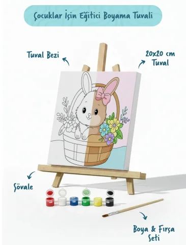 Sepette Tavşan Temalı Çocuk Boyama Tuvali – Şövaleli Eğitici Boyama Seti 20x20 cm