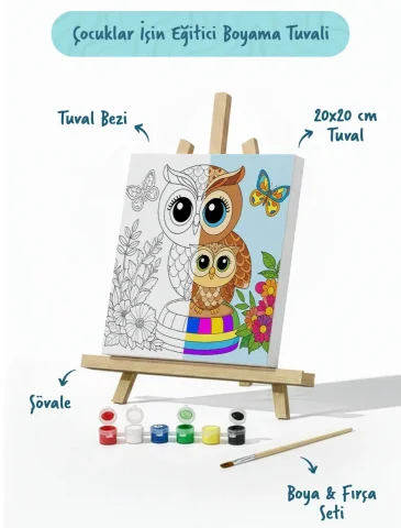 Sevimli Baykuş Temalı Çocuk Boyama Tuvali – Şövaleli Eğitici Boyama Seti 20x20 cm