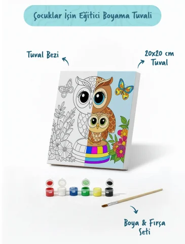 Sevimli Baykuş Temalı Çocuk Boyama Tuvali – Şövalesiz Eğitici Boyama Seti 20x20 cm