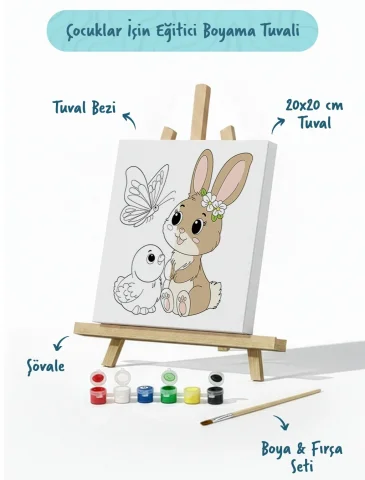 Sevimli Tavşan Temalı Çocuk Boyama Tuvali – Şövaleli Eğitici Boyama Seti 20x20 cm