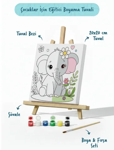 Sevimli Fil Temalı Çocuk Boyama Tuvali – Şövaleli Eğitici Boyama Seti 20x20 cm