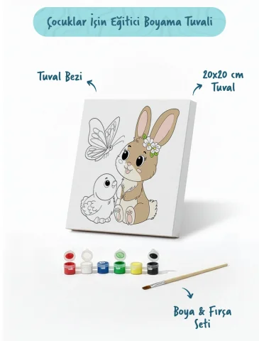 Sevimli Fil Temalı Çocuk Boyama Tuvali – Şövalesiz Eğitici Boyama Seti 20x20 cm