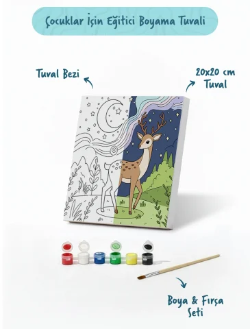 Sevimli Geyik Temalı Çocuk Boyama Tuvali – Şövalesiz Eğitici Boyama Seti 20x20 cm