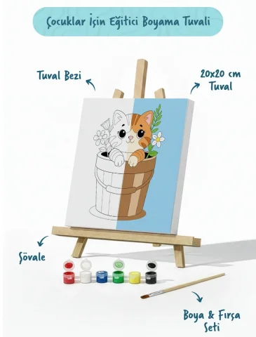 Sevimli Kedi Temalı Çocuk Boyama Tuvali – Şövaleli Eğitici Boyama Seti 20x20 cm
