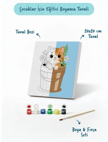 Sevimli Kedi Temalı Çocuk Boyama Tuvali – Şövalesiz Eğitici Boyama Seti 20x20 cm