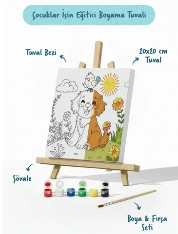 Sevimli Köpek ve Kuş Temalı Çocuk Boyama Tuvali – Şövaleli Eğitici Boyama Seti 20x20 cm