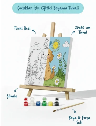 Sevimli Köpek ve Kuş Temalı Çocuk Boyama Tuvali – Şövaleli Eğitici Boyama Seti 20x20 cm