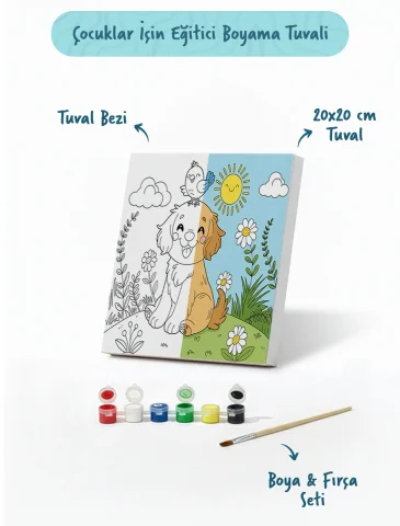 Sevimli Köpek ve Kuş Temalı Çocuk Boyama Tuvali – Şövalesiz Eğitici Boyama Seti 20x20 cm