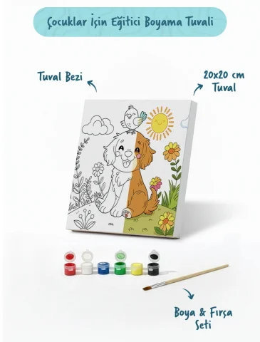 Sevimli Köpek ve Kuş Temalı Çocuk Boyama Tuvali – Şövalesiz Eğitici Boyama Seti 20x20 cm