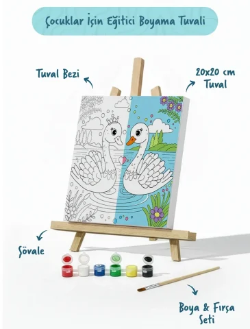 Sevimli Kuğular Temalı Çocuk Boyama Tuvali – Şövaleli Eğitici Boyama Seti 20x20 cm