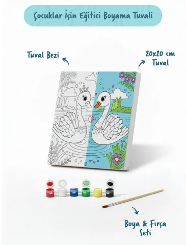 Sevimli Kuğular Temalı Çocuk Boyama Tuvali – Şövalesiz Eğitici Boyama Seti 20x20 cm