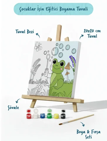 Sevimli Kurbağa Temalı Çocuk Boyama Tuvali – Şövaleli Eğitici Boyama Seti 20x20 cm