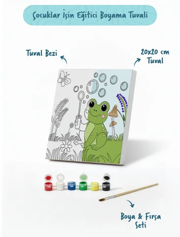 Sevimli Kurbağa Temalı Çocuk Boyama Tuvali – Şövalesiz Eğitici Boyama Seti 20x20 cm