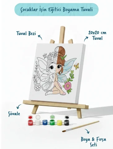Sevimli Peri Temalı Çocuk Boyama Tuvali – Şövaleli Eğitici Boyama Seti 20x20 cm