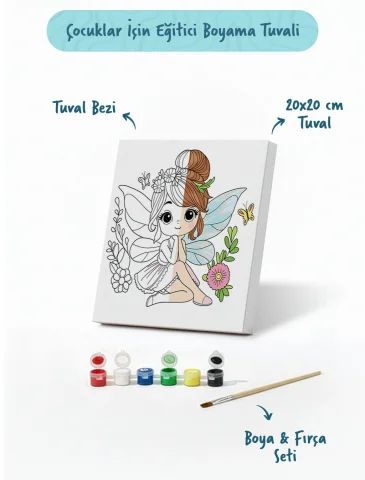 Sevimli Peri Temalı Çocuk Boyama Tuvali – Şövalesiz Eğitici Boyama Seti 20x20 cm