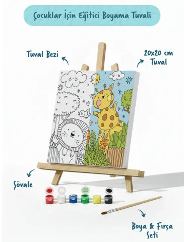 Sevimli Safari Hayvanları – Çocuk Boyama Tuvali Seti 20x20 cm