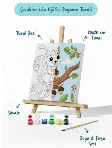 Sevimli Sincap Temalı Çocuk Boyama Tuvali – Şövaleli Eğitici Boyama Seti 20x20 cm