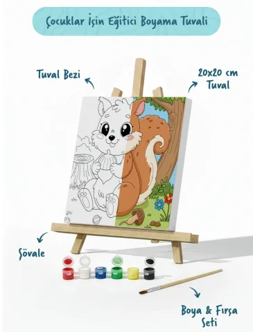 Sevimli Sincap Temalı Çocuk Boyama Tuvali – Şövaleli Eğitici Boyama Seti 20x20 cm