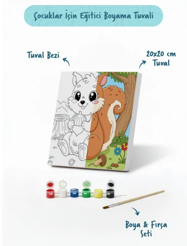 Sevimli Sincap Temalı Çocuk Boyama Tuvali – Şövalesiz Eğitici Boyama Seti 20x20 cm