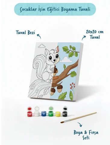 Sevimli Sincap Temalı Çocuk Boyama Tuvali – Şövalesiz Eğitici Boyama Seti 20x20 cm