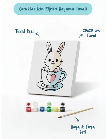 Sevimli Tavşan Temalı Çocuk Boyama Tuvali – Şövalesiz Eğitici Boyama Seti 20x20 cm