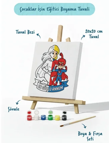 Süper Anne Temalı Boyama Tuvali Şövaleli Boya Seti 20x20 cm