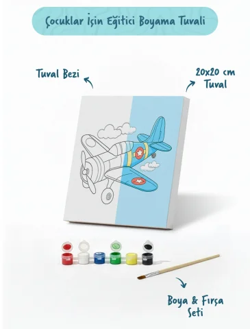 Uçak Temalı Çocuk Boyama Tuvali – Şövalesiz Eğitici Boyama Seti 20x20 cm